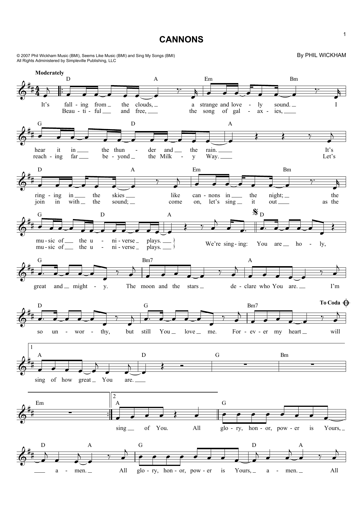 Phil Wickham Cannons sheet music notes and chords. Download Printable PDF.