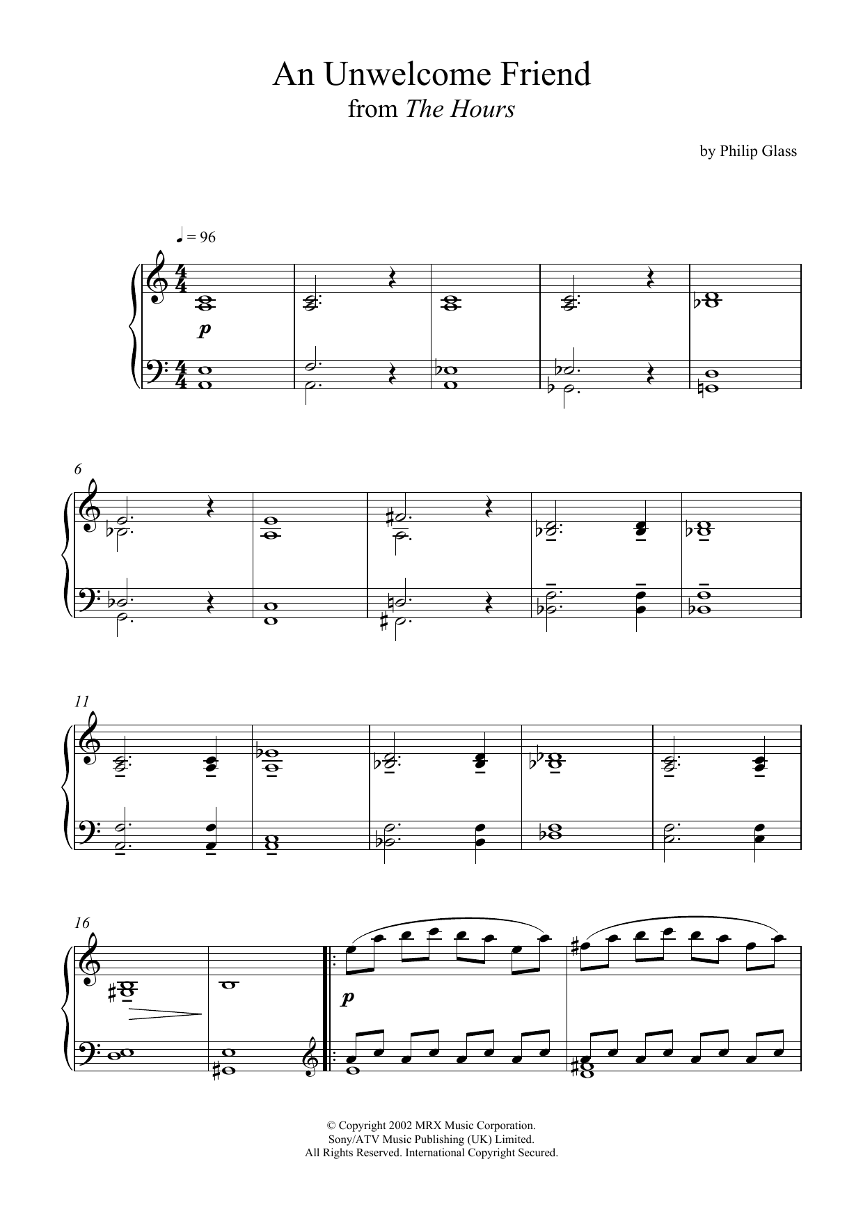 Philip Glass An Unwelcome Friend (from 'The Hours') sheet music notes and chords. Download Printable PDF.