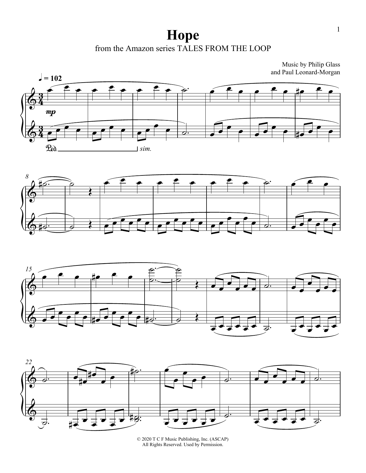 Philip Glass and Paul Leonard-Morgan Hope (from Tales From The Loop) sheet music notes and chords. Download Printable PDF.