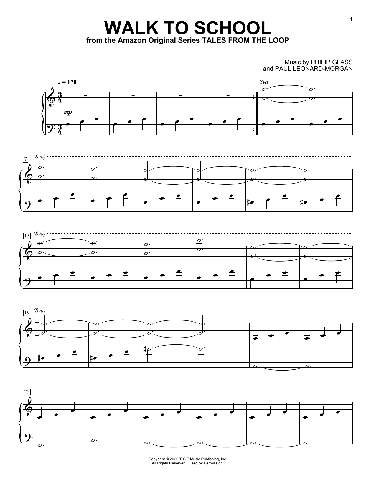 Learn to play Philip Glass and Paul Leonard-Morgan Walk To School (from Tales from the Loop) sheet music for Piano Solo in minutes. Price: 7.8900$ Philip Glass and Paul Leonard-Morgan Walk To School (from Tales from the Loop) sheet music notes and chords arranged for Piano Solo