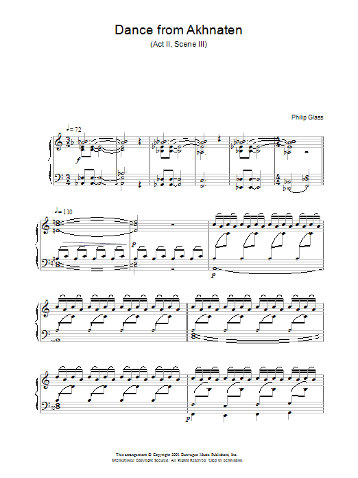 Learn to play Philip Glass Dance from Akhnaten, Act 2 Scene 3 sheet music for Piano Solo in minutes. Price: 7.8900$ Philip Glass Dance from Akhnaten, Act 2 Scene 3 sheet music notes and chords arranged for Piano Solo