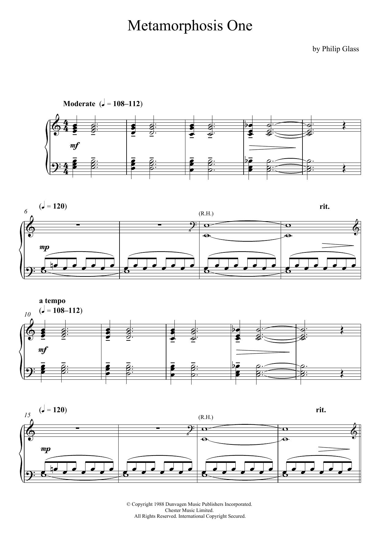 Learn to play Philip Glass Metamorphosis One sheet music for Piano Solo in minutes. Price: 7.8900$ Philip Glass Metamorphosis One sheet music notes and chords arranged for Piano Solo