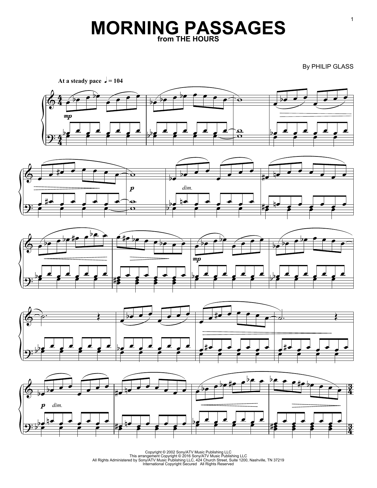 Philip Glass Morning Passages (from The Hours) sheet music notes and chords. Download Printable PDF.