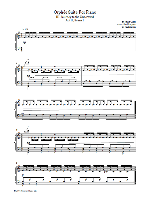 Learn to play Philip Glass Orphée Suite For Piano, III. Journey To The Underworld, Act II, Scene 1 sheet music for Piano Solo in minutes. Price: 7.8900$ Philip Glass Orphée Suite For Piano, III. Journey To The Underworld, Act II, Scene 1 sheet music notes and chords arranged for Piano Solo