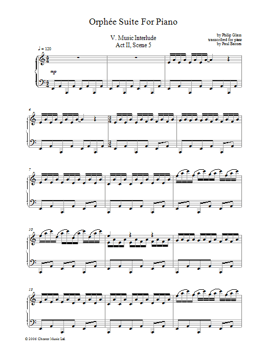 Learn to play Philip Glass Orphée Suite For Piano, V. Music Interlude, Act II, Scene 5 sheet music for Piano Solo in minutes. Price: 7.8900$ Philip Glass Orphée Suite For Piano, V. Music Interlude, Act II, Scene 5 sheet music notes and chords arranged for Piano Solo