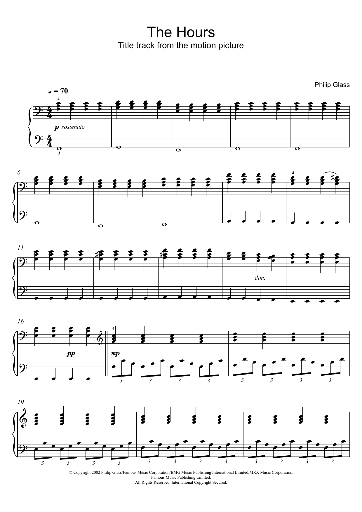 Philip Glass The Hours sheet music notes and chords. Download Printable PDF.