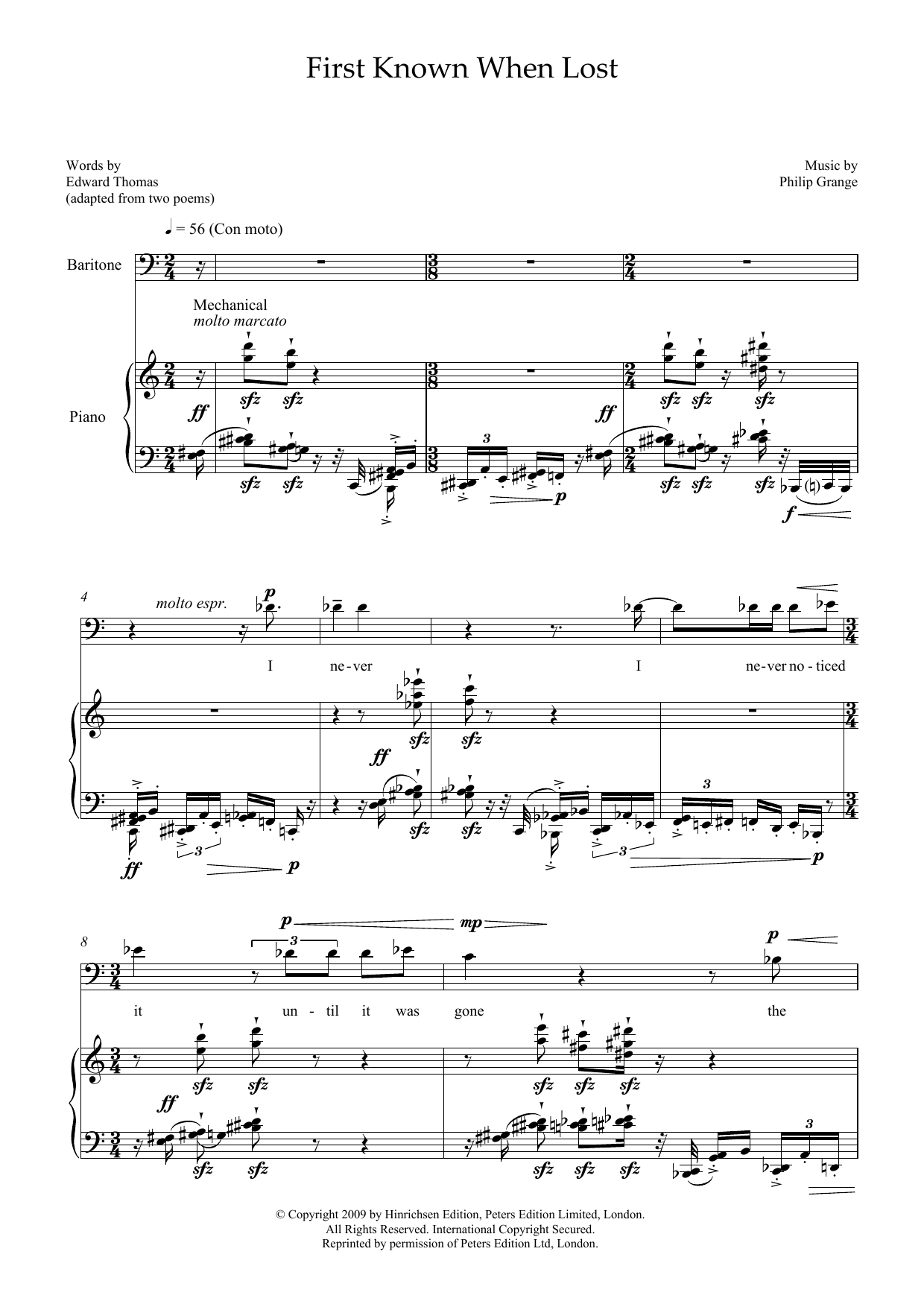 Learn to play Philip Grange First Known When Lost (for baritone & piano) sheet music for Piano & Vocal in minutes. Price: 7.8900$ Philip Grange First Known When Lost (for baritone & piano) sheet music notes and chords arranged for Piano & Vocal