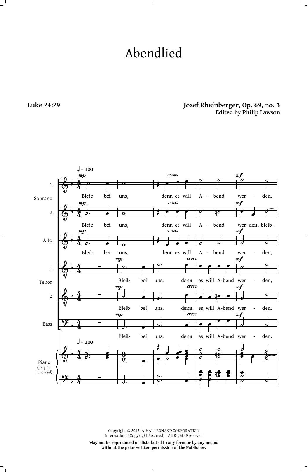 Learn to play Philip Lawson Abendlied, Op. 69, No. 3 sheet music for Choir in minutes. Price: 4.7900$ Philip Lawson Abendlied, Op. 69, No. 3 sheet music notes and chords arranged for Choir