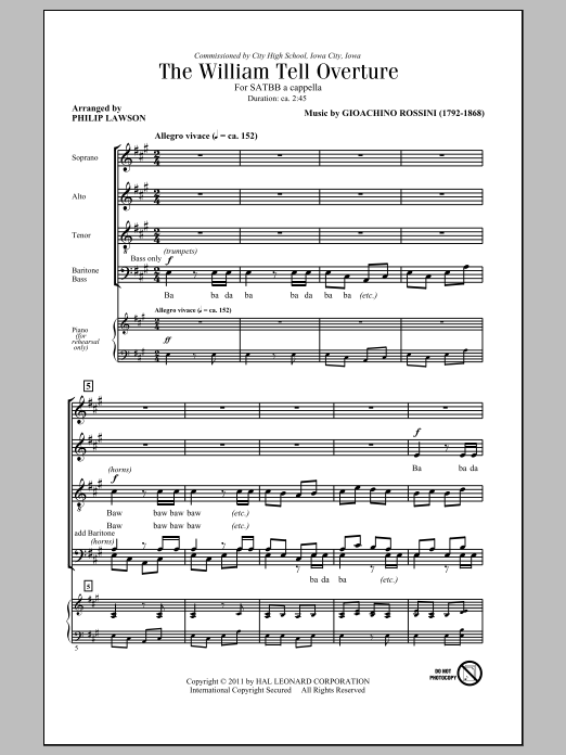 Learn to play Gioachino Rossini The William Tell Overture (arr. Philip Lawson) sheet music for SATB Choir in minutes. Price: 3.9900$ Gioachino Rossini The William Tell Overture (arr. Philip Lawson) sheet music notes and chords arranged for SATB Choir