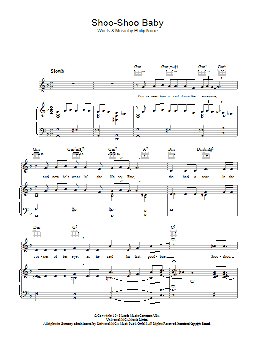 Learn to play Philip Moore Shoo-Shoo Baby sheet music for Piano, Vocal & Guitar Chords in minutes. Price: 7.8900$ Philip Moore Shoo-Shoo Baby sheet music notes and chords arranged for Piano, Vocal & Guitar Chords