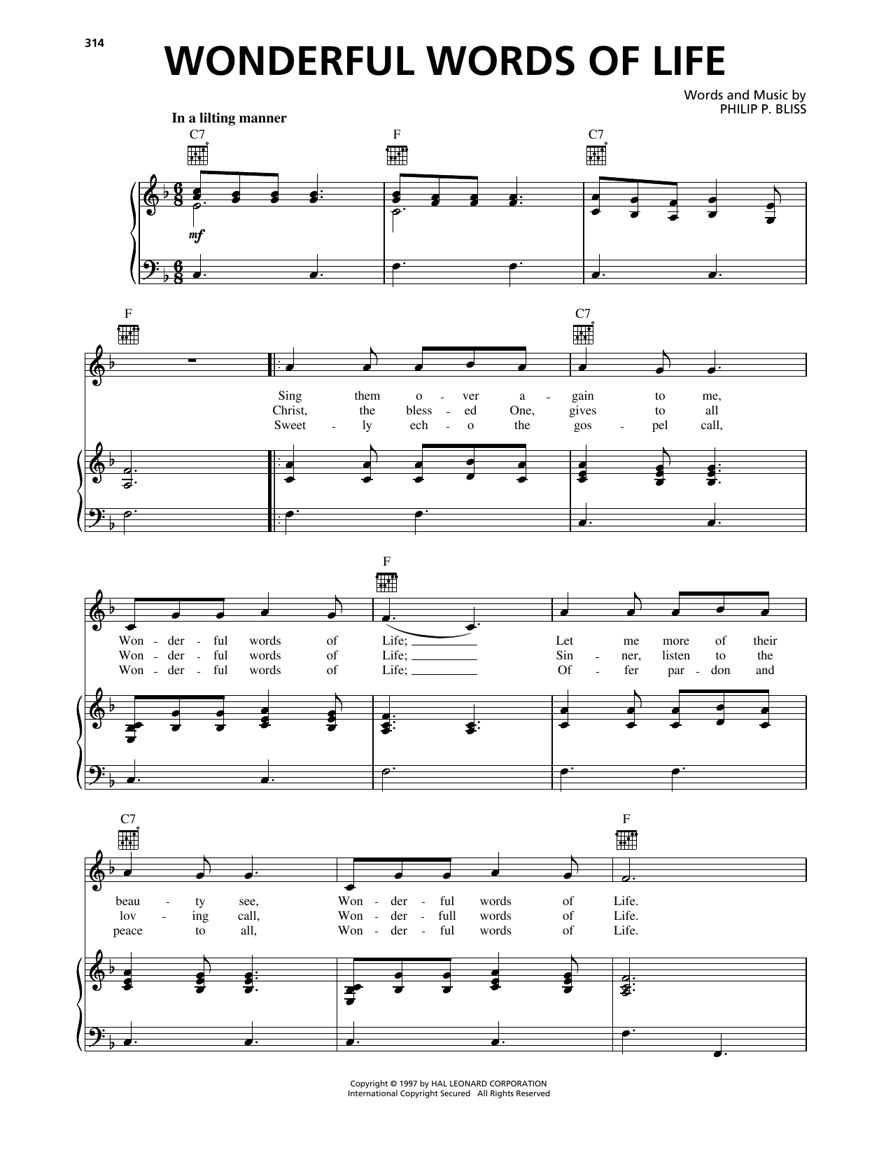 Learn to play Philip P. Bliss Wonderful Words Of Life sheet music for Piano, Vocal & Guitar Chords (Right-Hand Melody) in minutes. Price: 7.8900$ Philip P. Bliss Wonderful Words Of Life sheet music notes and chords arranged for Piano, Vocal & Guitar Chords (Right-Hand Melody)