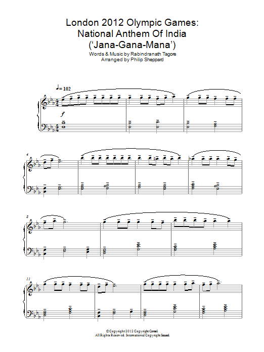 Philip Sheppard London 2012 Olympic Games: National Anthem Of India ('Jana-Gana-Mana') sheet music notes and chords arranged for Piano Solo