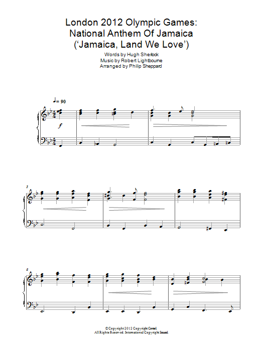 Philip Sheppard London 2012 Olympic Games: National Anthem Of Jamaica ('Jamaica, Land We Love') sheet music notes and chords arranged for Piano Solo