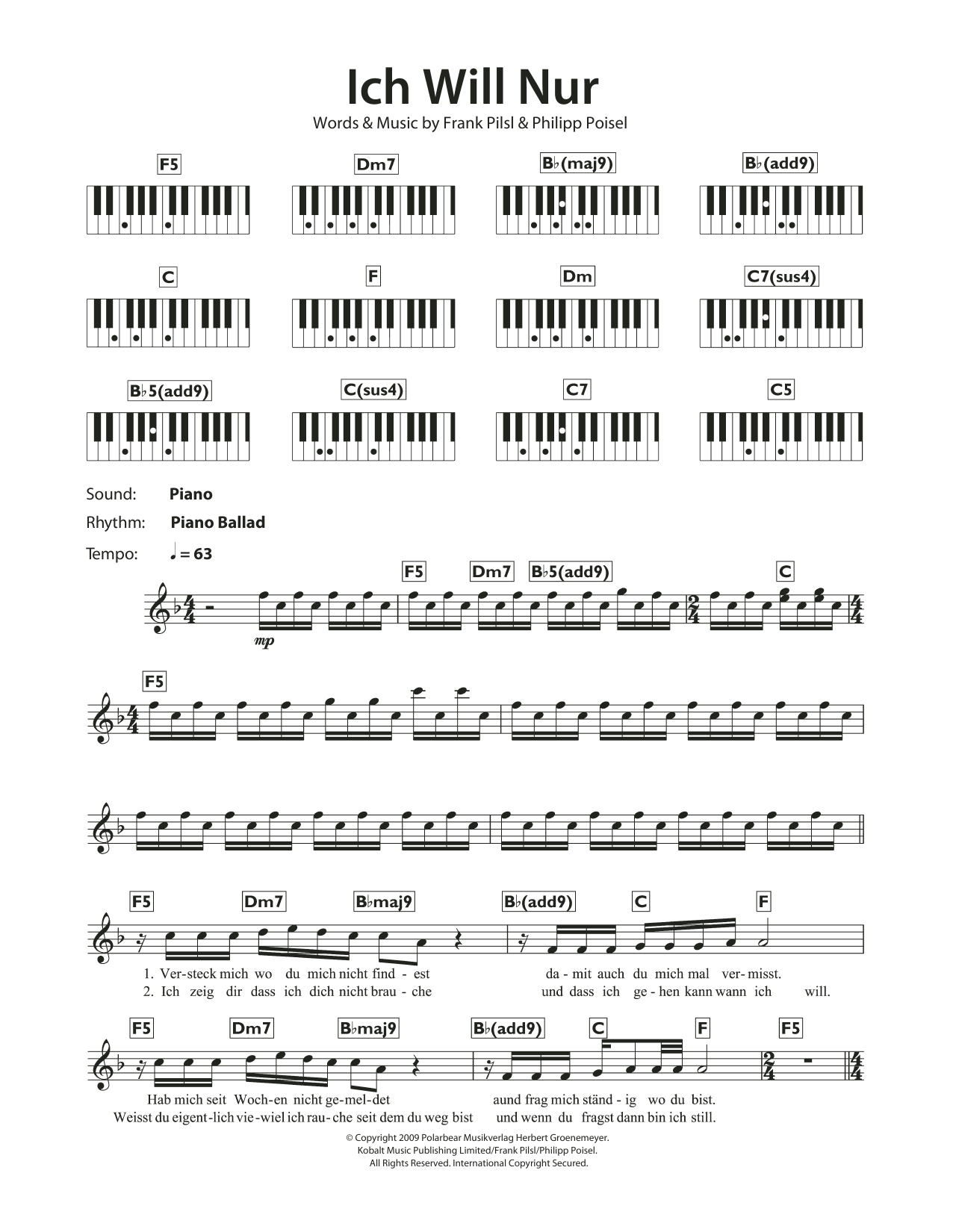 Learn to play Philipp Poisel Ich Will Nur sheet music for Piano Chords/Lyrics in minutes. Price: 4.4900$ Philipp Poisel Ich Will Nur sheet music notes and chords arranged for Piano Chords/Lyrics
