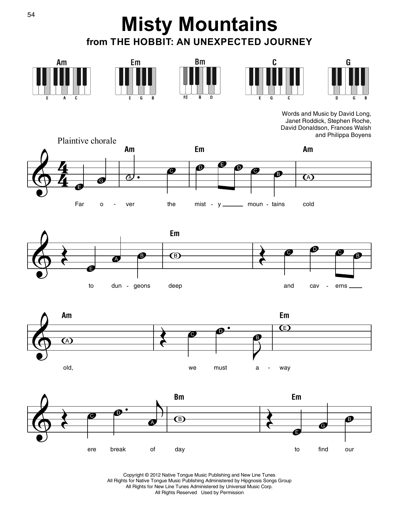 Philippa Boyens Misty Mountains (from The Hobbit: An Unexpected Journey) sheet music notes and chords arranged for Super Easy Piano