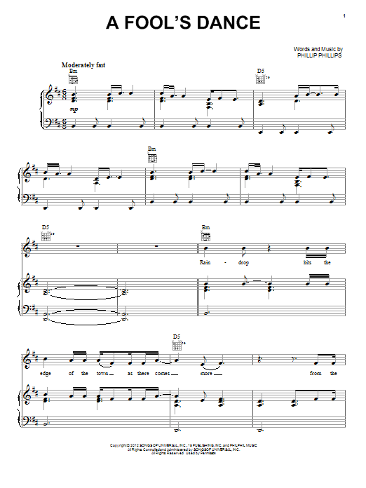Learn to play Phillip Phillips A Fool's Dance sheet music for Piano, Vocal & Guitar Chords (Right-Hand Melody) in minutes. Price: 7.8900$ Phillip Phillips A Fool's Dance sheet music notes and chords arranged for Piano, Vocal & Guitar Chords (Right-Hand Melody)