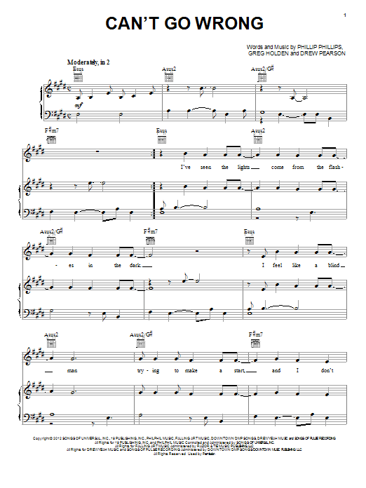 Learn to play Phillip Phillips Can't Go Wrong sheet music for Piano, Vocal & Guitar Chords (Right-Hand Melody) in minutes. Price: 7.8900$ Phillip Phillips Can't Go Wrong sheet music notes and chords arranged for Piano, Vocal & Guitar Chords (Right-Hand Melody)