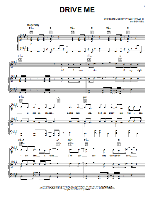 Learn to play Phillip Phillips Drive Me sheet music for Piano, Vocal & Guitar Chords (Right-Hand Melody) in minutes. Price: 7.8900$ Phillip Phillips Drive Me sheet music notes and chords arranged for Piano, Vocal & Guitar Chords (Right-Hand Melody)