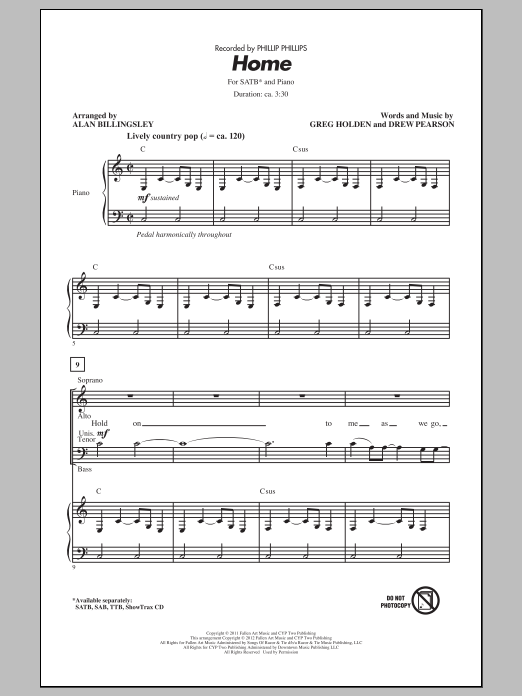 Phillip Phillips Home (arr. Alan Billingsley) sheet music notes and chords. Download Printable PDF.