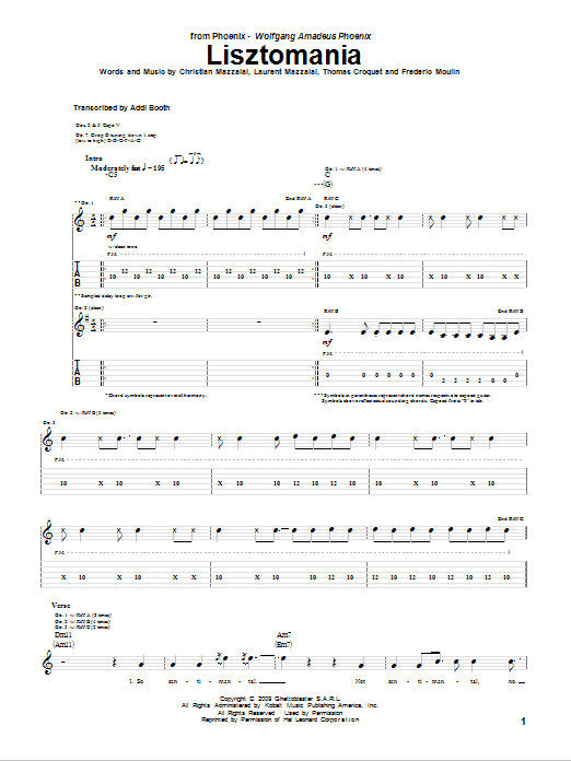 Phoenix Lisztomania sheet music notes and chords arranged for Piano, Vocal & Guitar Chords