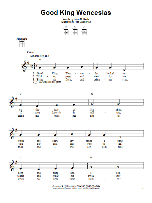 Learn to play Piae Cantiones Good King Wenceslas sheet music for Ukulele in minutes. Price: 5.9900$ Piae Cantiones Good King Wenceslas sheet music notes and chords arranged for Ukulele