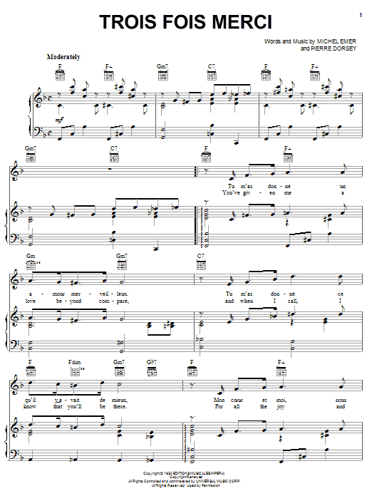 Learn to play Pierre Dorsey Trois Fois Merci sheet music for Piano, Vocal & Guitar Chords (Right-Hand Melody) in minutes. Price: 7.8900$ Pierre Dorsey Trois Fois Merci sheet music notes and chords arranged for Piano, Vocal & Guitar Chords (Right-Hand Melody)