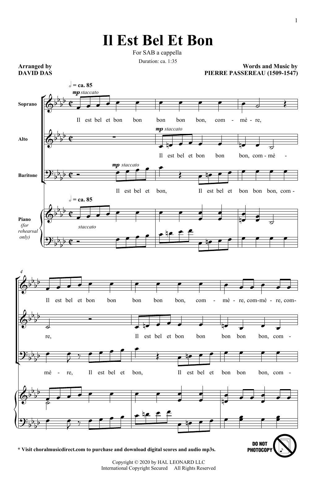 Pierre Passereau Il Est Bel Et Bon (arr. David Das) sheet music notes and chords. Download Printable PDF.