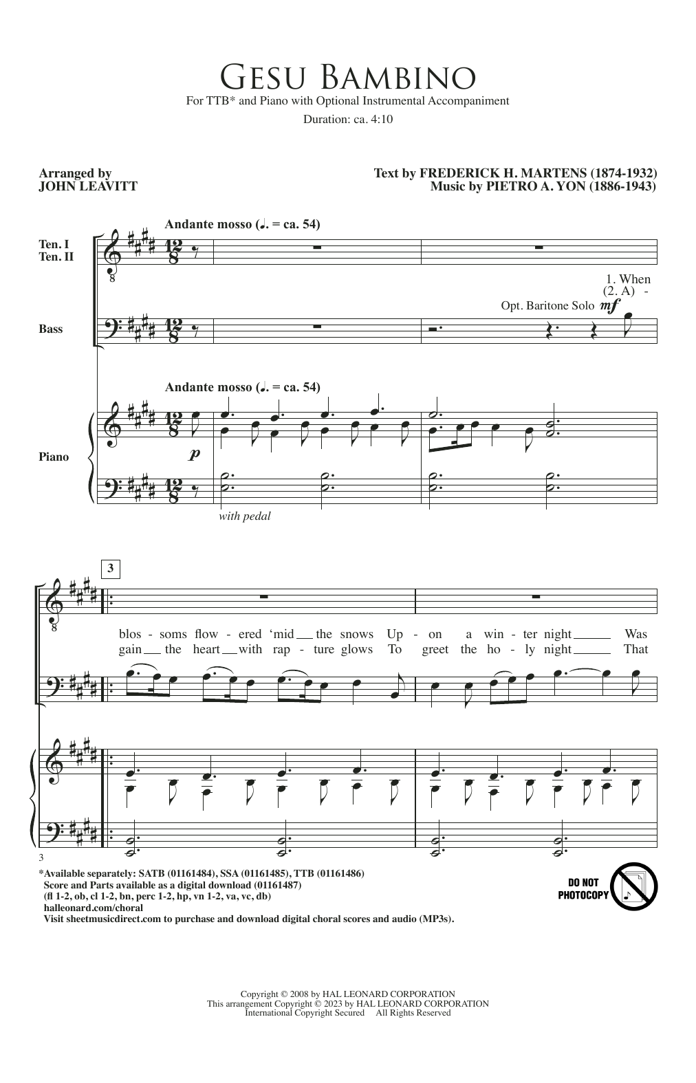 Pietro A. Yon Gesú Bambino (arr. John Leavitt) sheet music notes and chords. Download Printable PDF.