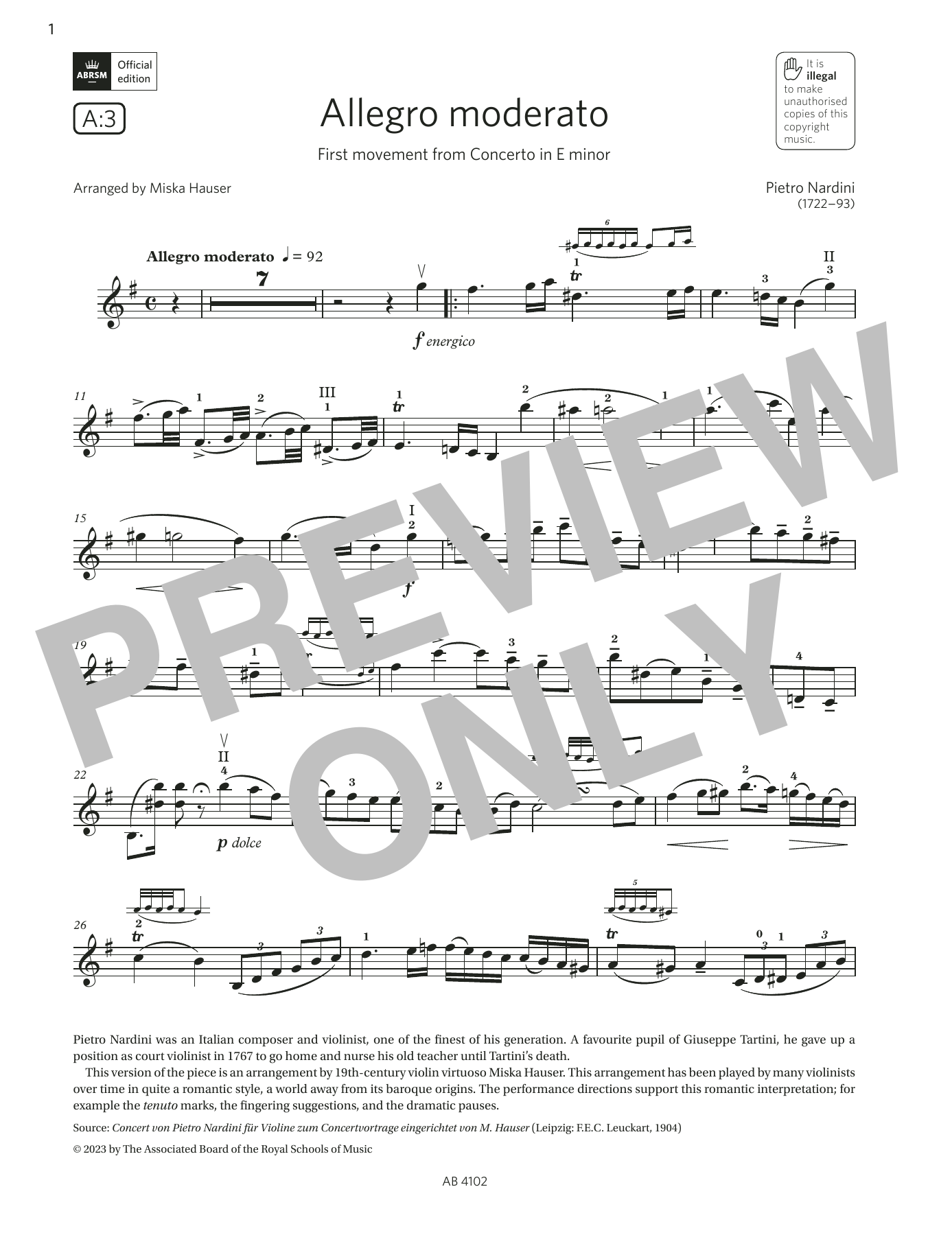 Pietro Nardini Allegro moderato (Grade 8, A3, from the ABRSM Violin Syllabus from 2024) sheet music notes and chords. Download Printable PDF.