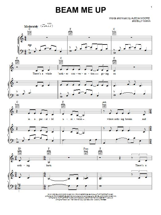 Pink Beam Me Up sheet music notes and chords. Download Printable PDF.