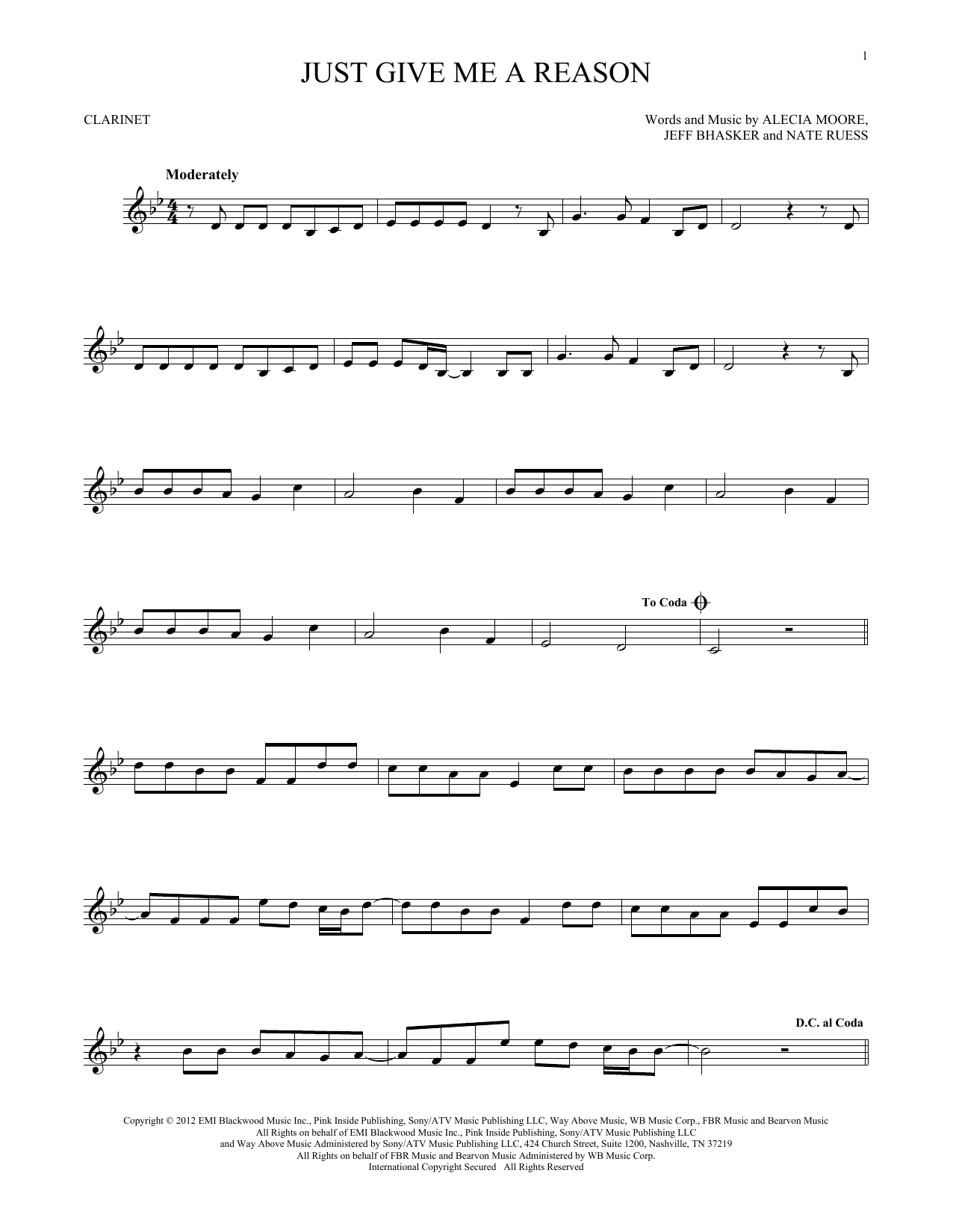 Pink Just Give Me A Reason (feat. Nate Ruess) sheet music notes and chords. Download Printable PDF.