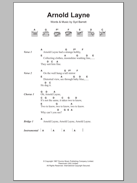 Pink Floyd Arnold Layne sheet music notes and chords. Download Printable PDF.