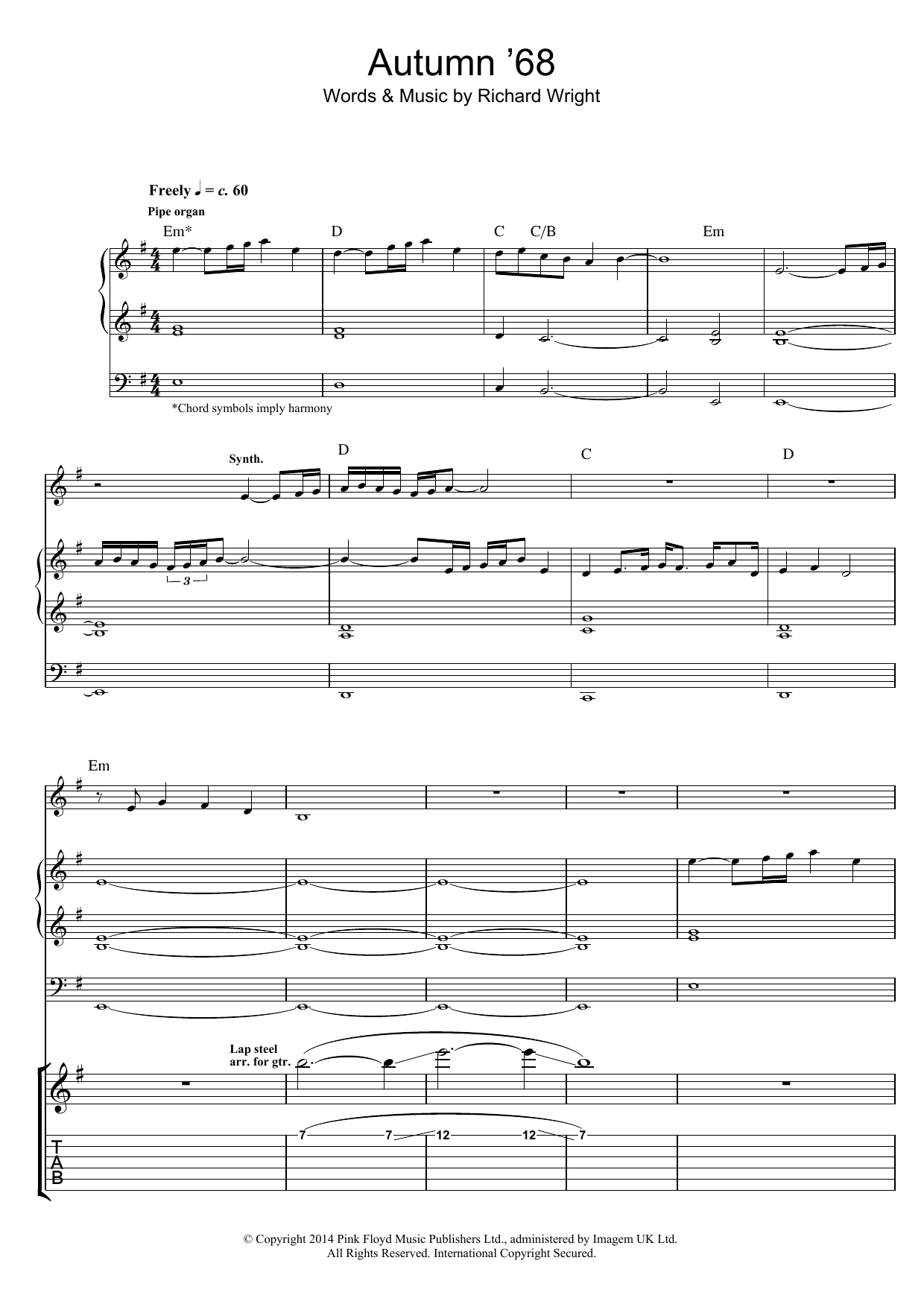 Learn to play Pink Floyd Autumn '68 sheet music for Guitar Tab in minutes. Price: 7.8900$ Pink Floyd Autumn '68 sheet music notes and chords arranged for Guitar Tab