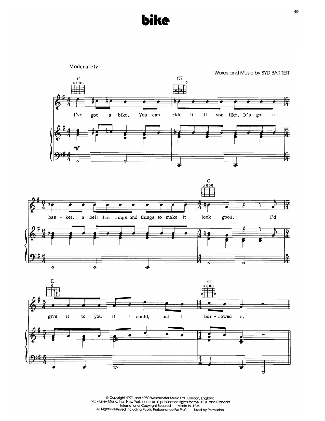 Learn to play Pink Floyd Bike sheet music for Piano, Vocal & Guitar Chords (Right-Hand Melody) in minutes. Price: 7.8900$ Pink Floyd Bike sheet music notes and chords arranged for Piano, Vocal & Guitar Chords (Right-Hand Melody)
