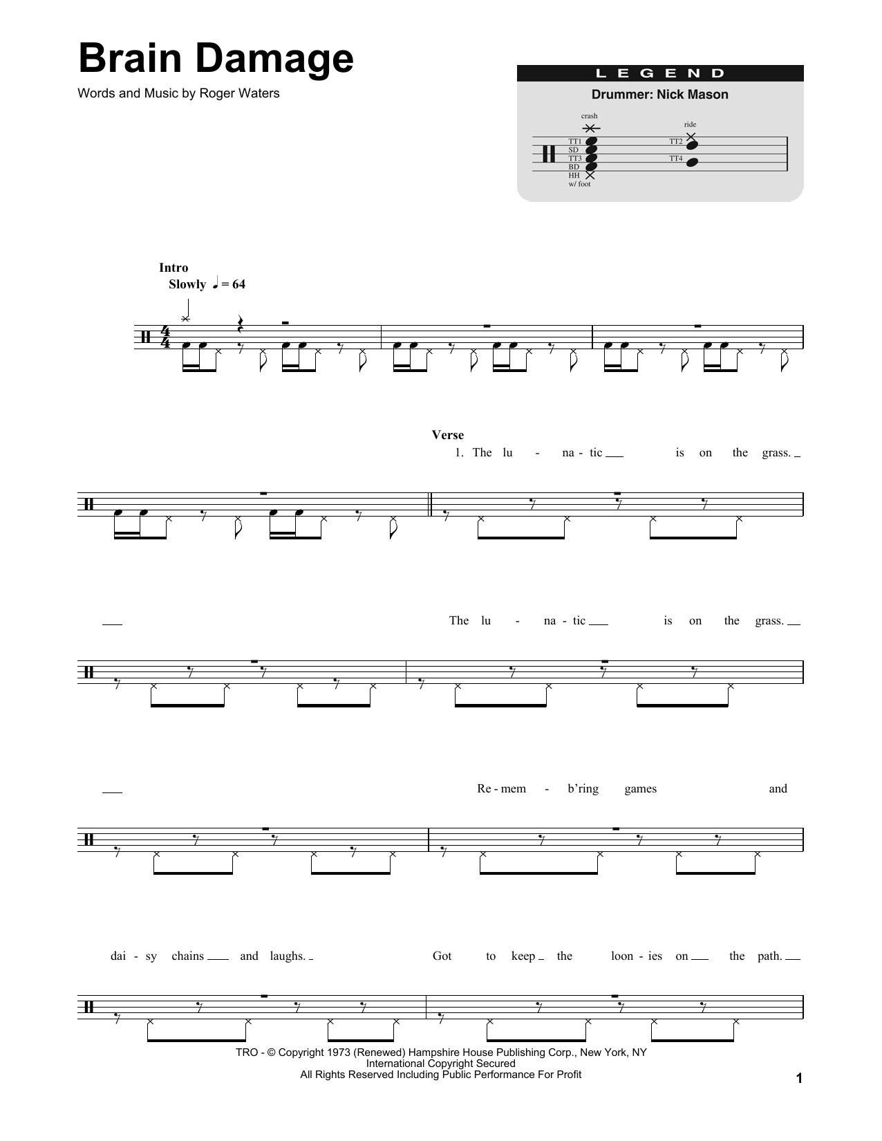 Pink Floyd Brain Damage sheet music notes and chords. Download Printable PDF.