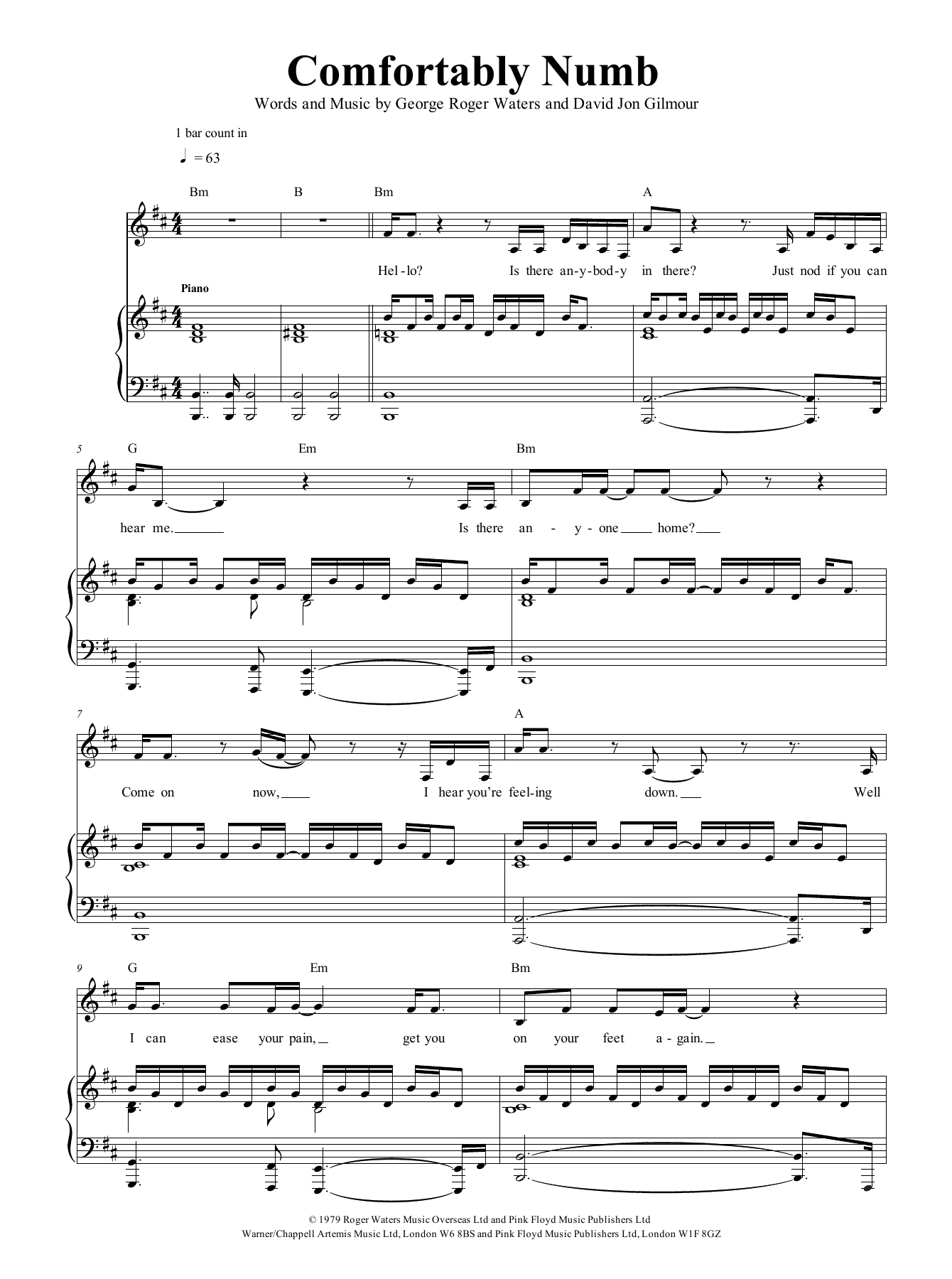 Pink Floyd Comfortably Numb sheet music notes and chords. Download Printable PDF.