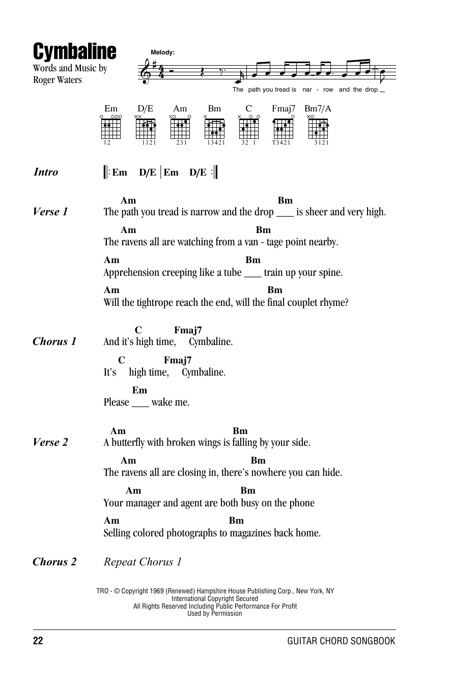 Pink Floyd Cymbaline sheet music notes and chords. Download Printable PDF.