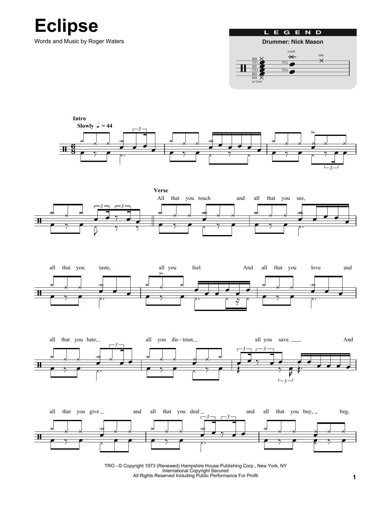 Pink Floyd Eclipse sheet music notes and chords. Download Printable PDF.