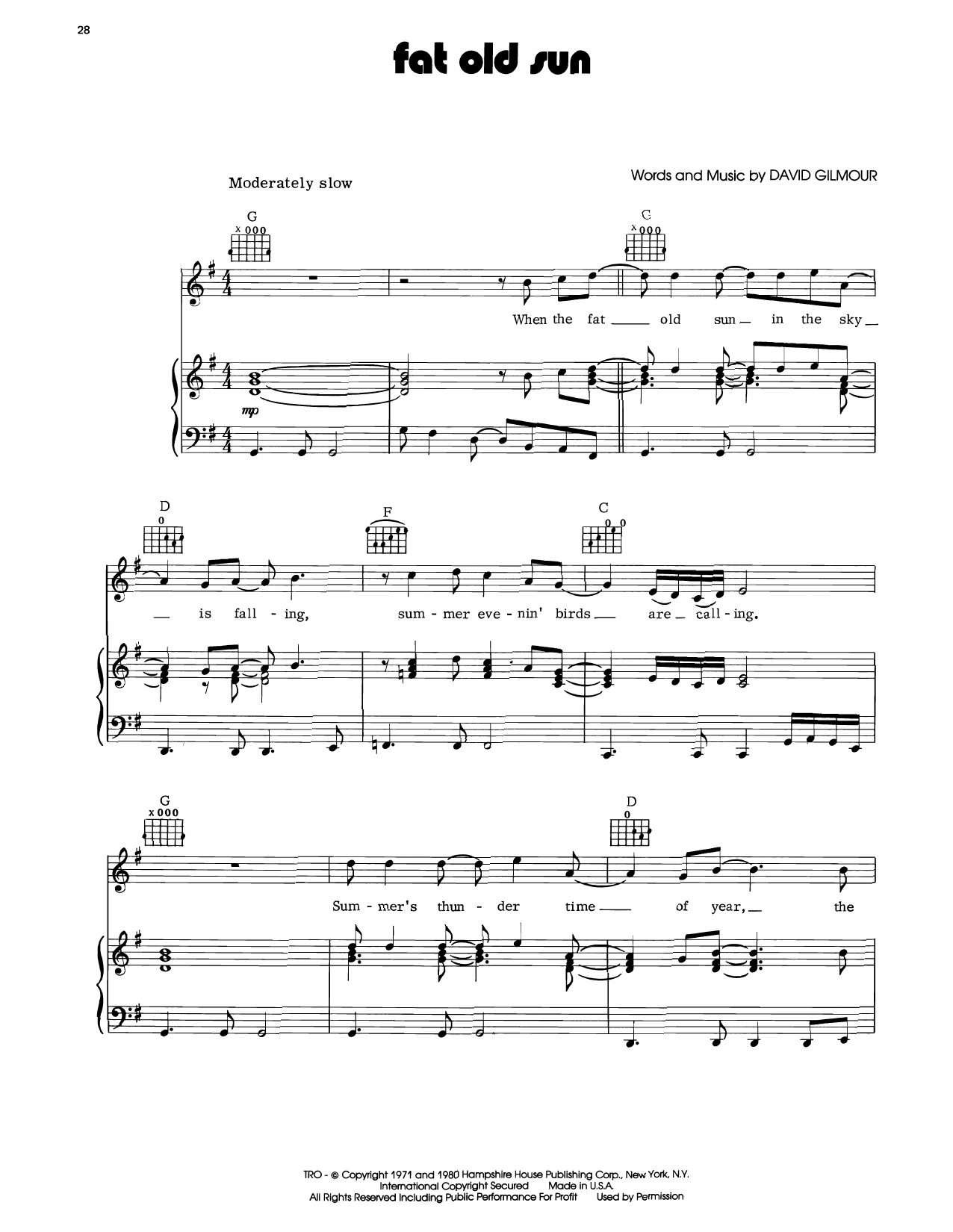 Learn to play Pink Floyd Fat Old Sun sheet music for Piano, Vocal & Guitar Chords (Right-Hand Melody) in minutes. Price: 7.8900$ Pink Floyd Fat Old Sun sheet music notes and chords arranged for Piano, Vocal & Guitar Chords (Right-Hand Melody)