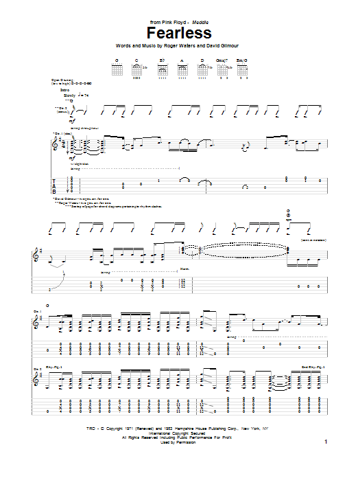 Pink Floyd Fearless sheet music notes and chords. Download Printable PDF.