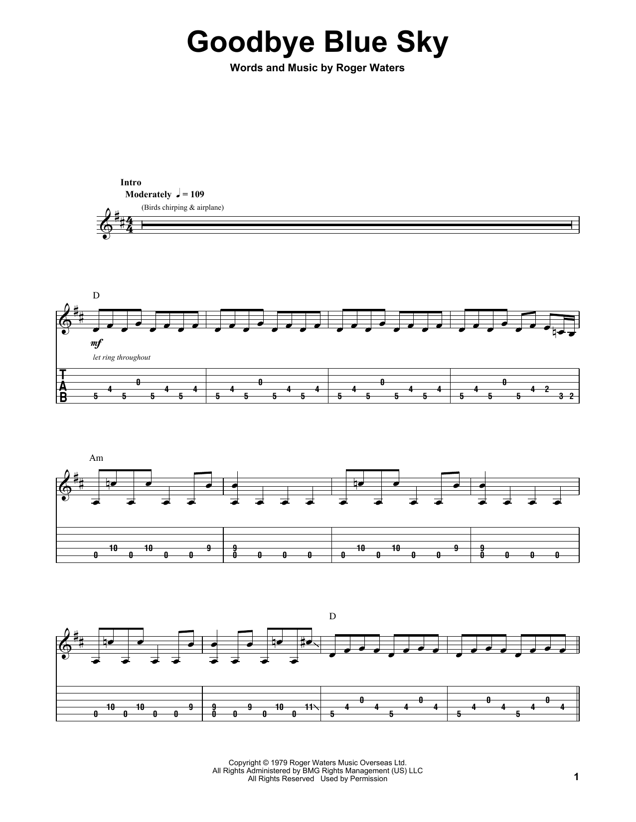 Pink Floyd Goodbye Blue Sky sheet music notes and chords. Download Printable PDF.