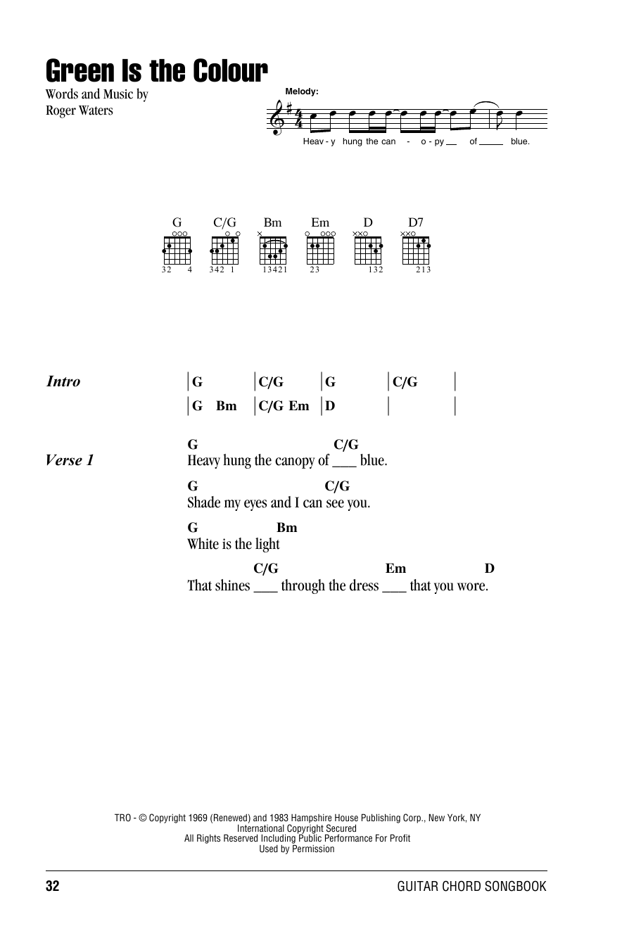 Pink Floyd Green Is The Colour sheet music notes and chords. Download Printable PDF.