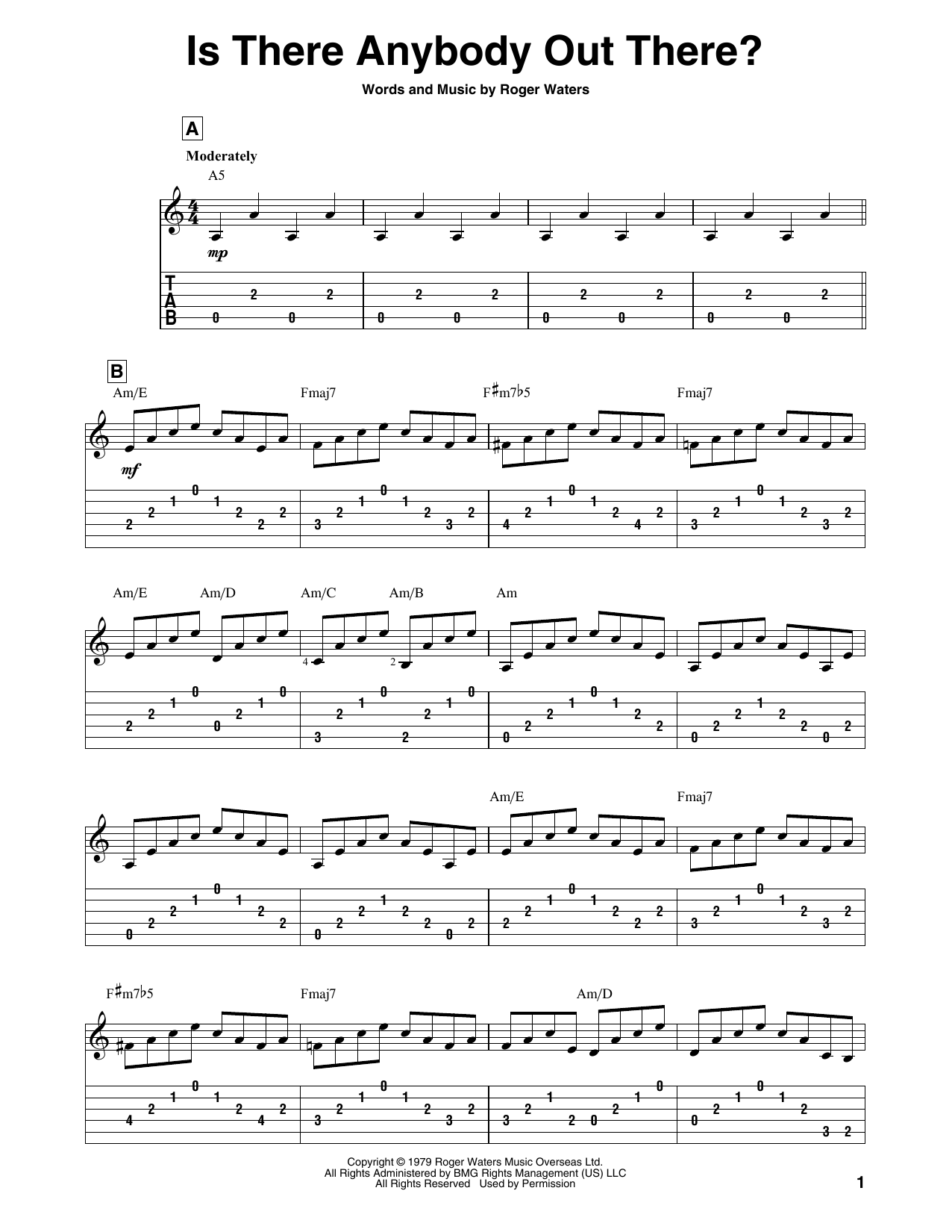 Pink Floyd Is There Anybody Out There? sheet music notes and chords. Download Printable PDF.