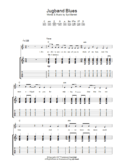 Pink Floyd Jugband Blues sheet music notes and chords arranged for Guitar Tab