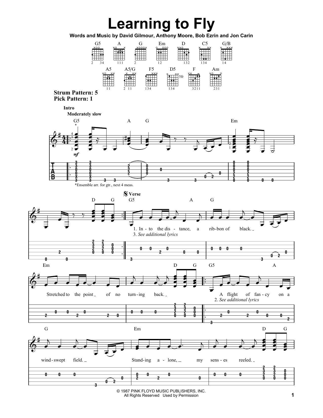 Pink Floyd Learning To Fly sheet music notes and chords. Download Printable PDF.