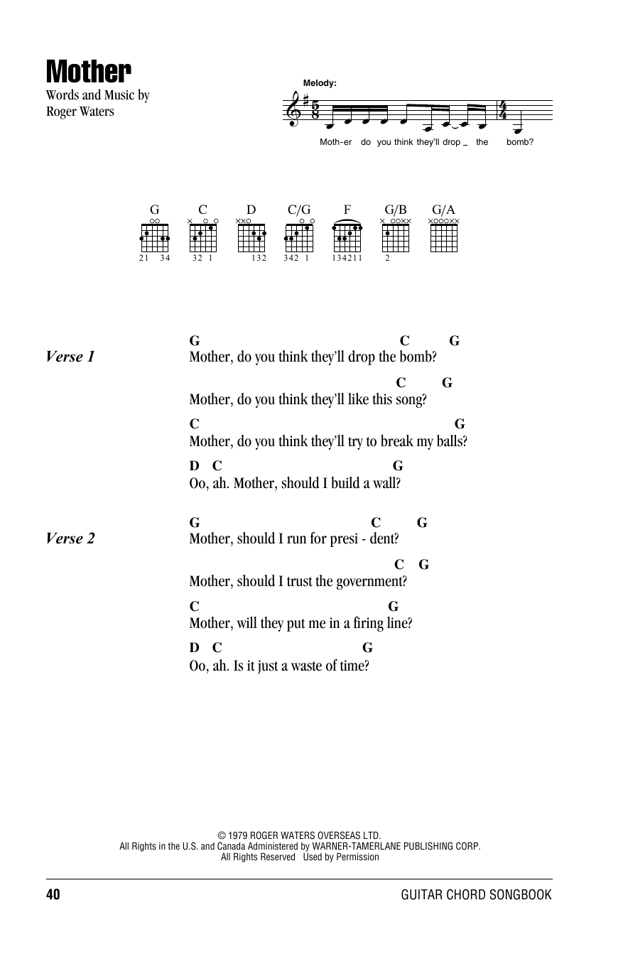 Pink Floyd Mother sheet music notes and chords. Download Printable PDF.