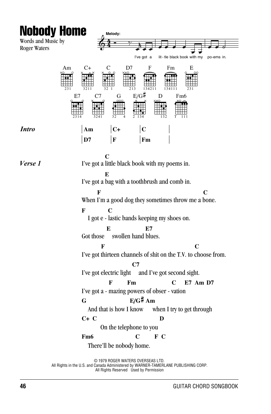 Pink Floyd Nobody Home sheet music notes and chords. Download Printable PDF.