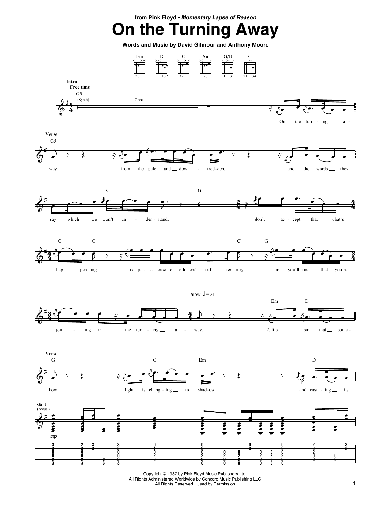 Pink Floyd On The Turning Away sheet music notes and chords. Download Printable PDF.