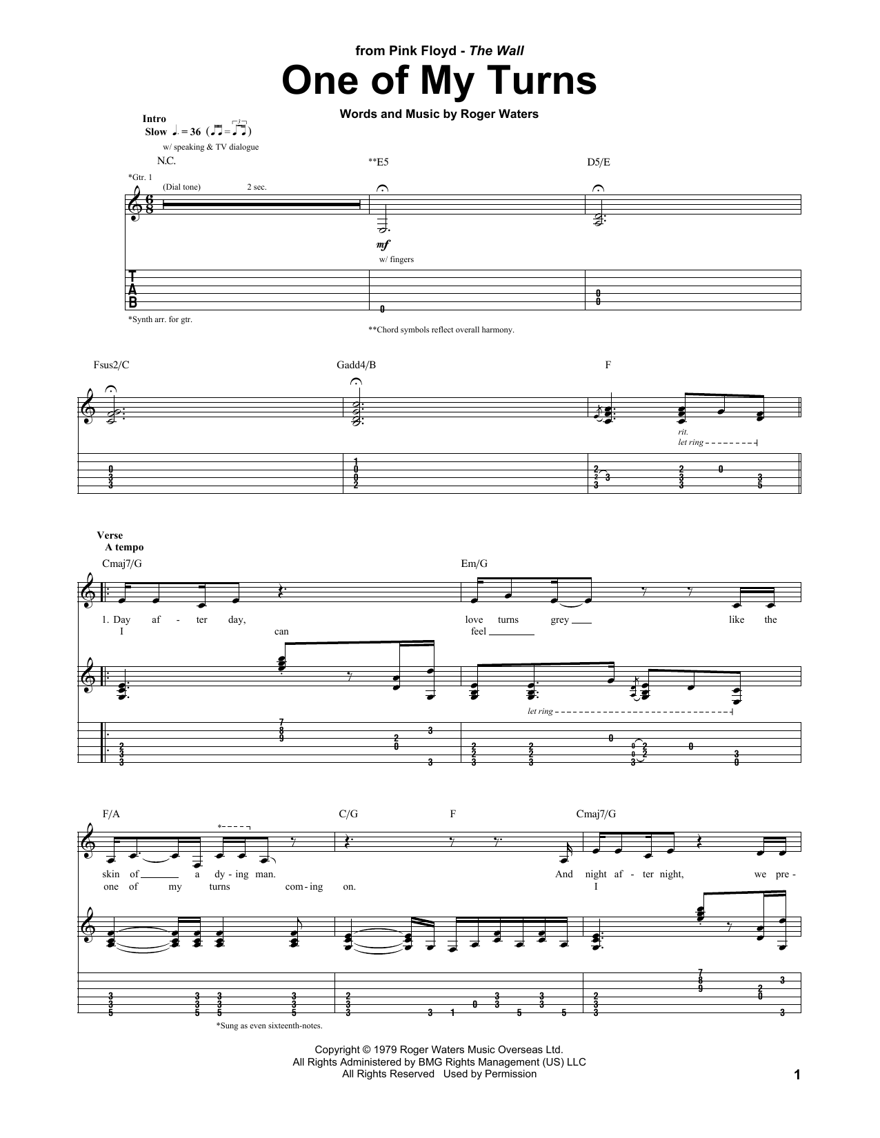 Learn to play Pink Floyd One Of My Turns sheet music for Guitar Tab in minutes. Price: 7.8900$ Pink Floyd One Of My Turns sheet music notes and chords arranged for Guitar Tab