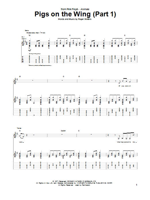 Pink Floyd Pigs On The Wing (Part 1) sheet music notes and chords. Download Printable PDF.